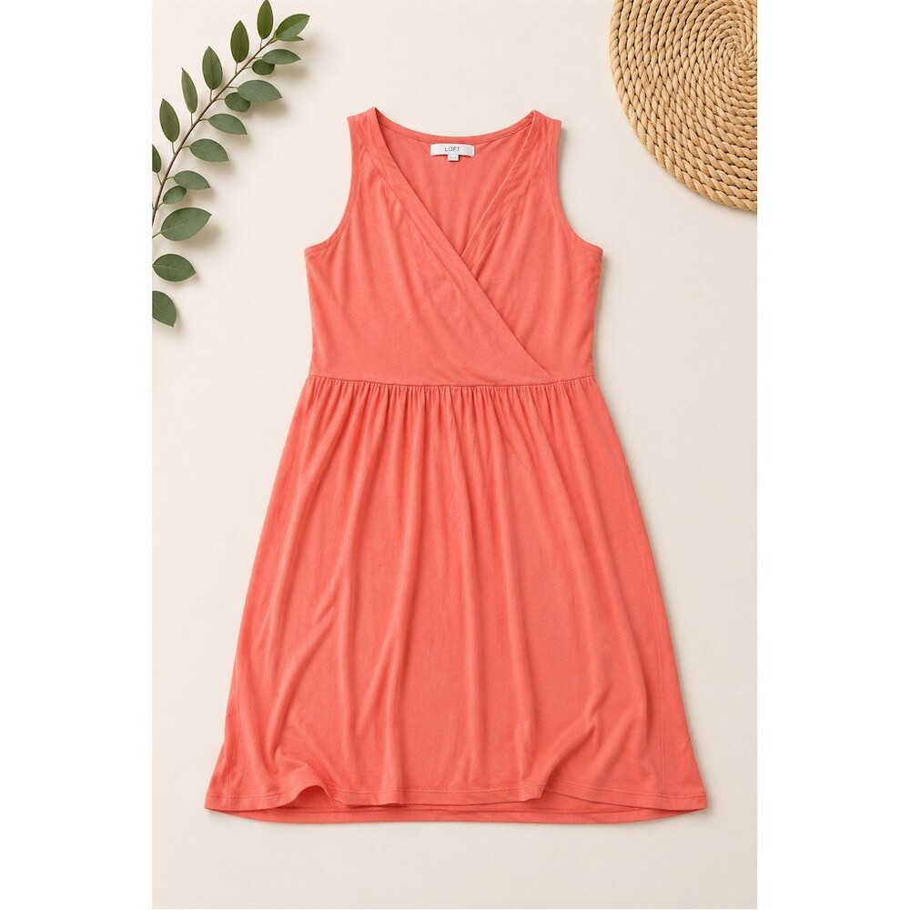 LOFT Dress Womens Size S Coral Pink Sleeveless Faux Wrap Fit & Flare